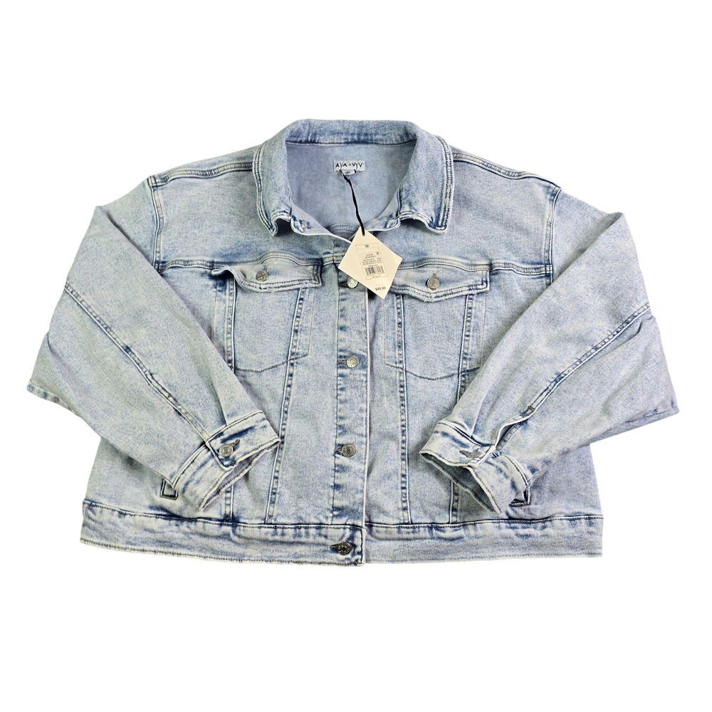Ava & Viv Denim Jacket Women 2X Light Wash Acid Wash Button Front Trucker Crop